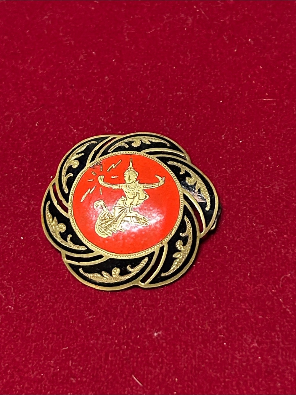 Gold-Tone Red Enamel Lotus Pin Brooch